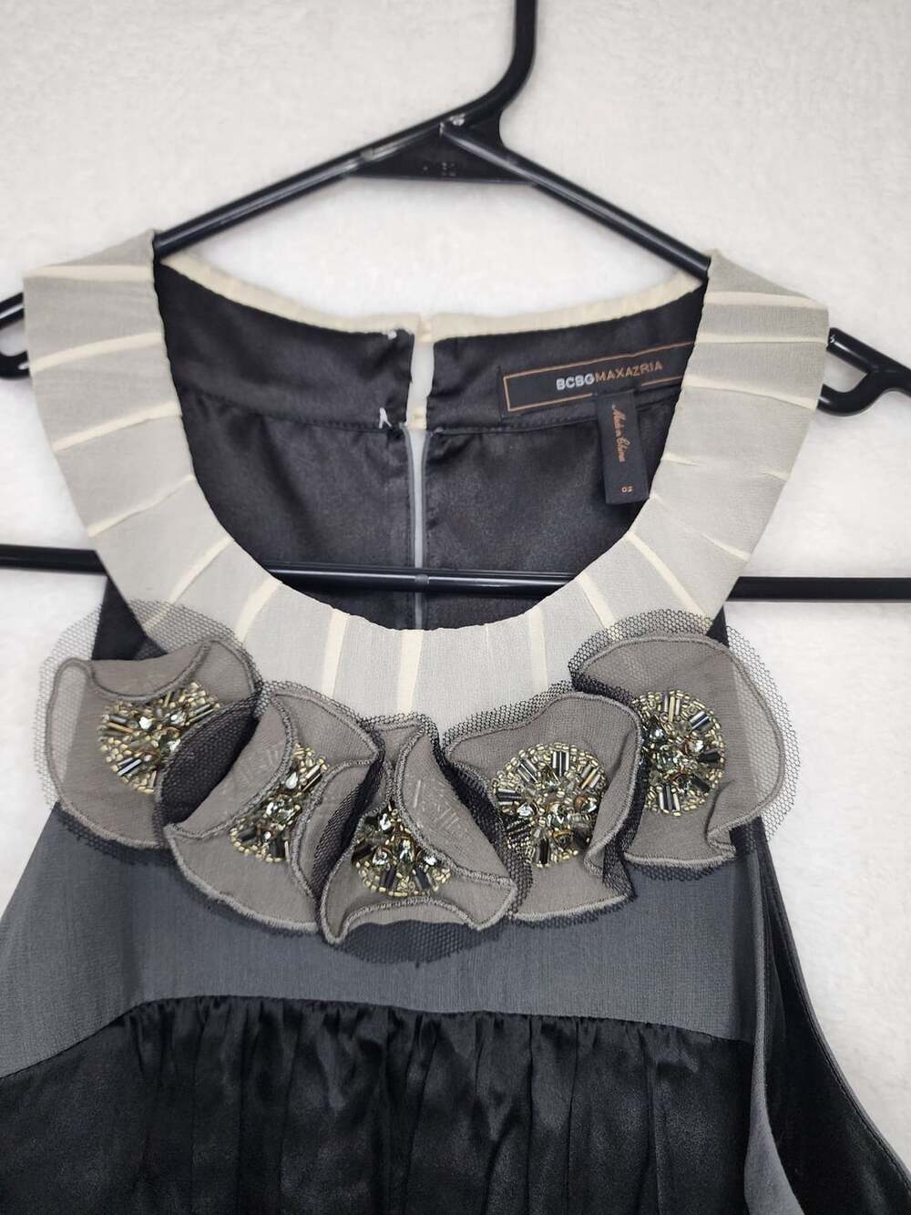 BCBGMaxAzria Beaded Collar Dress Size 02 Black Grey Silk Cocktail